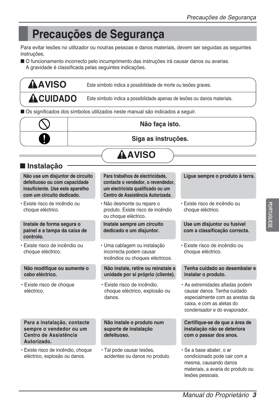 Precauções de segurança, Aviso cuidado, Aviso | N instalação | LG CB09L User Manual | Page 123 / 193