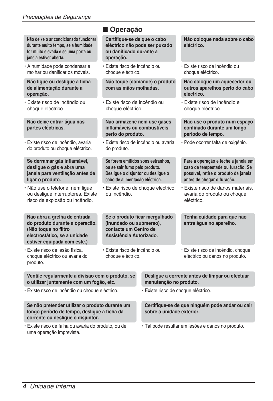 N operação, 4 unidade interna | LG CB09L User Manual | Page 124 / 193