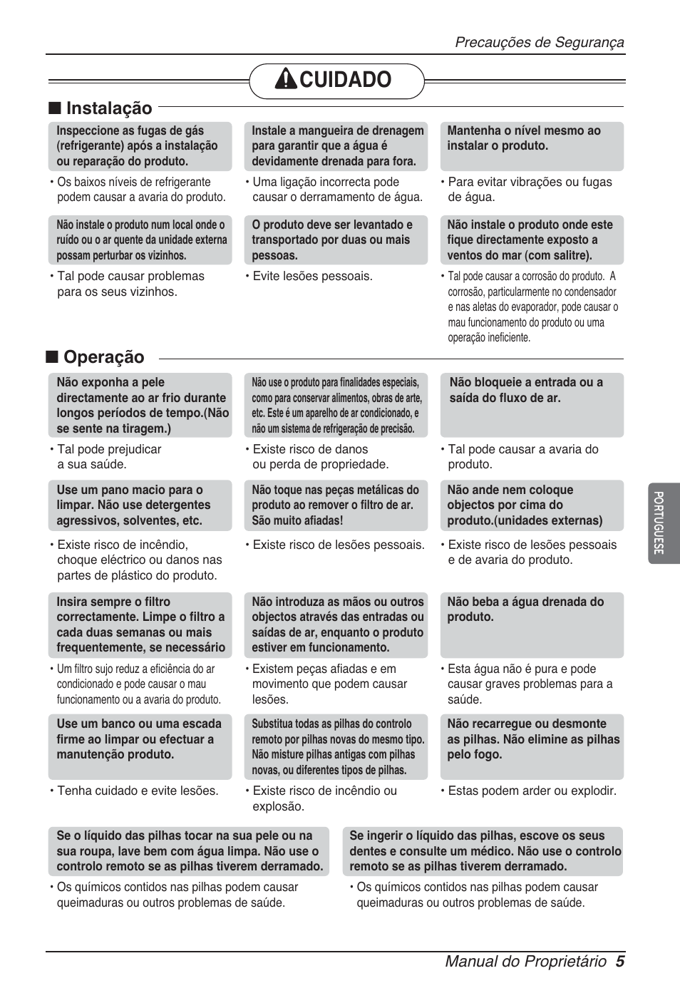 Cuidado, N operação, N instalação | Manual do proprietário 5 | LG CB09L User Manual | Page 125 / 193