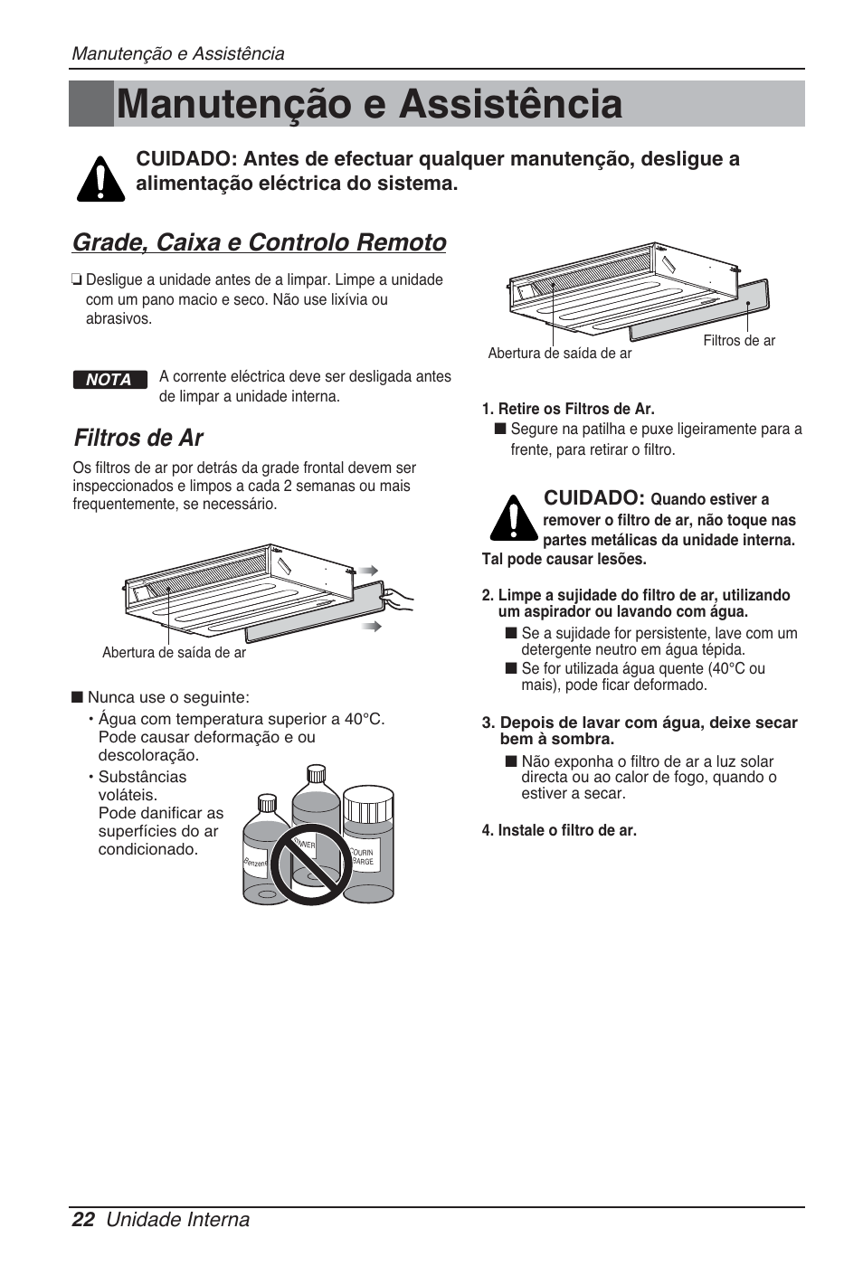 Manutenção e assistência, Grade, caixa e controlo remoto, Filtros de ar | 22 unidade interna, Cuidado | LG CB09L User Manual | Page 142 / 193