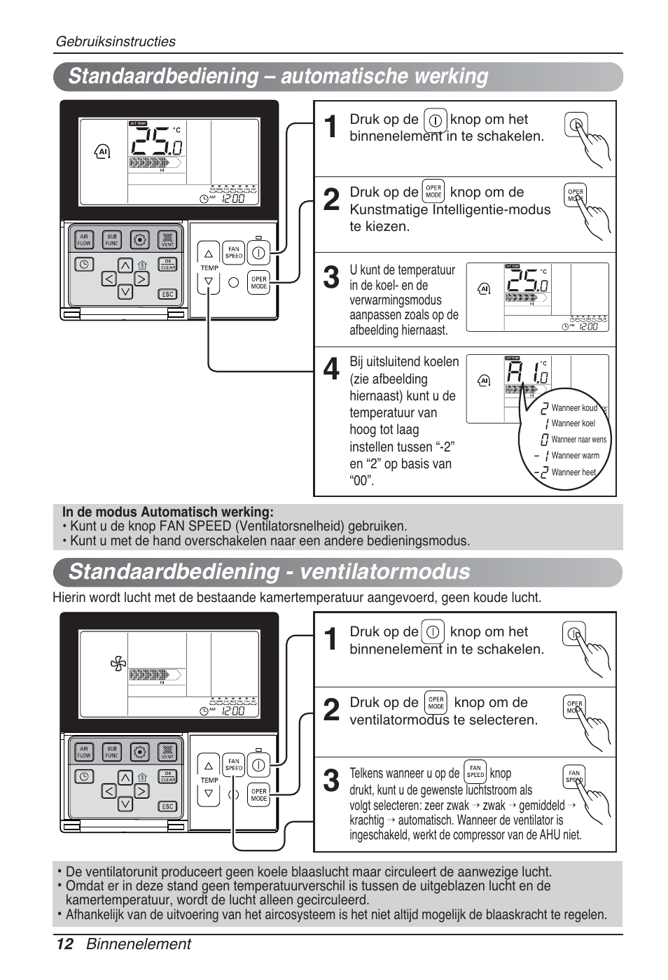 Standaardbediening – automatische werking, Standaardbediening - ventilatormodus | LG CB09L User Manual | Page 180 / 193