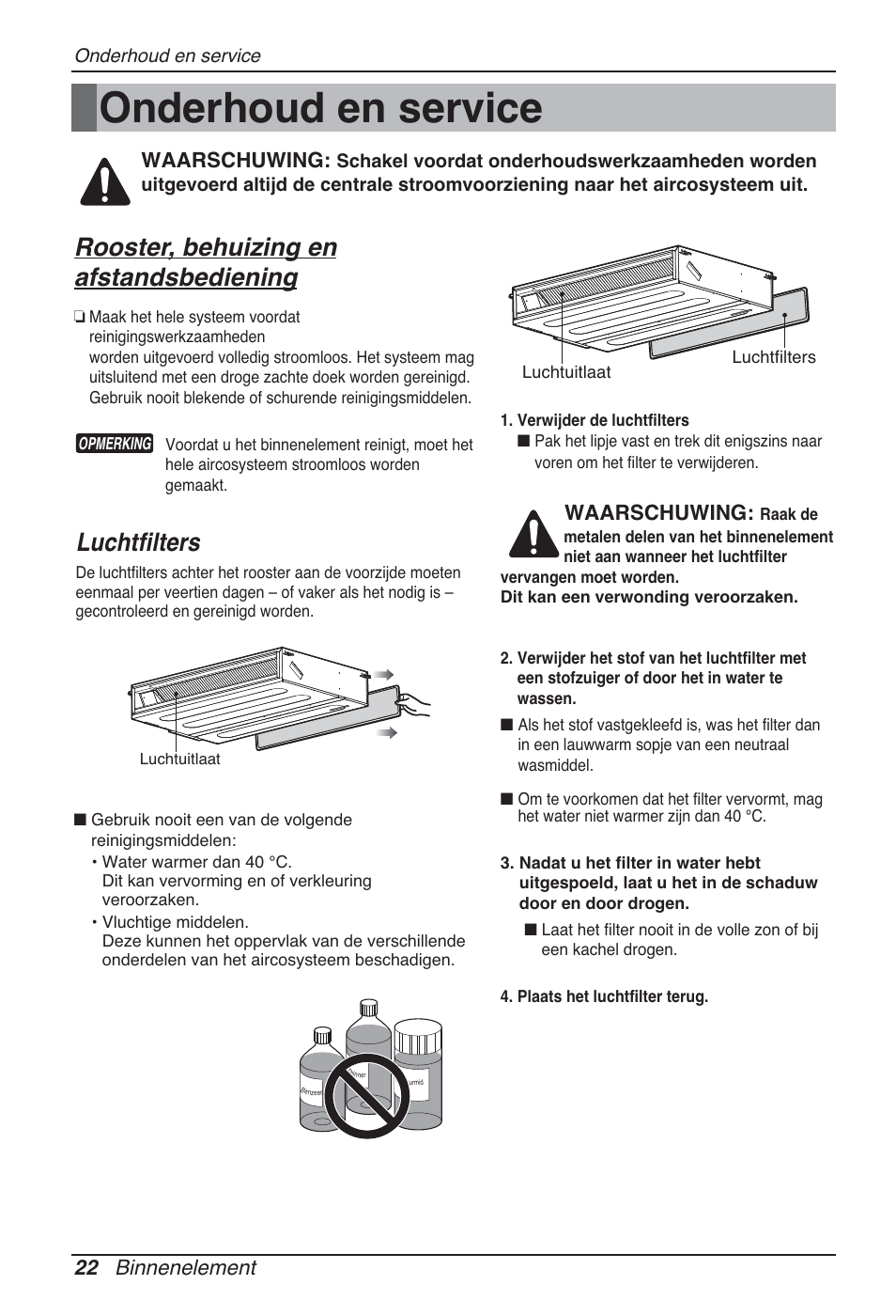 Onderhoud en service, Rooster, behuizing en afstandsbediening, Luchtfilters | 22 binnenelement, Waarschuwing | LG CB09L User Manual | Page 190 / 193