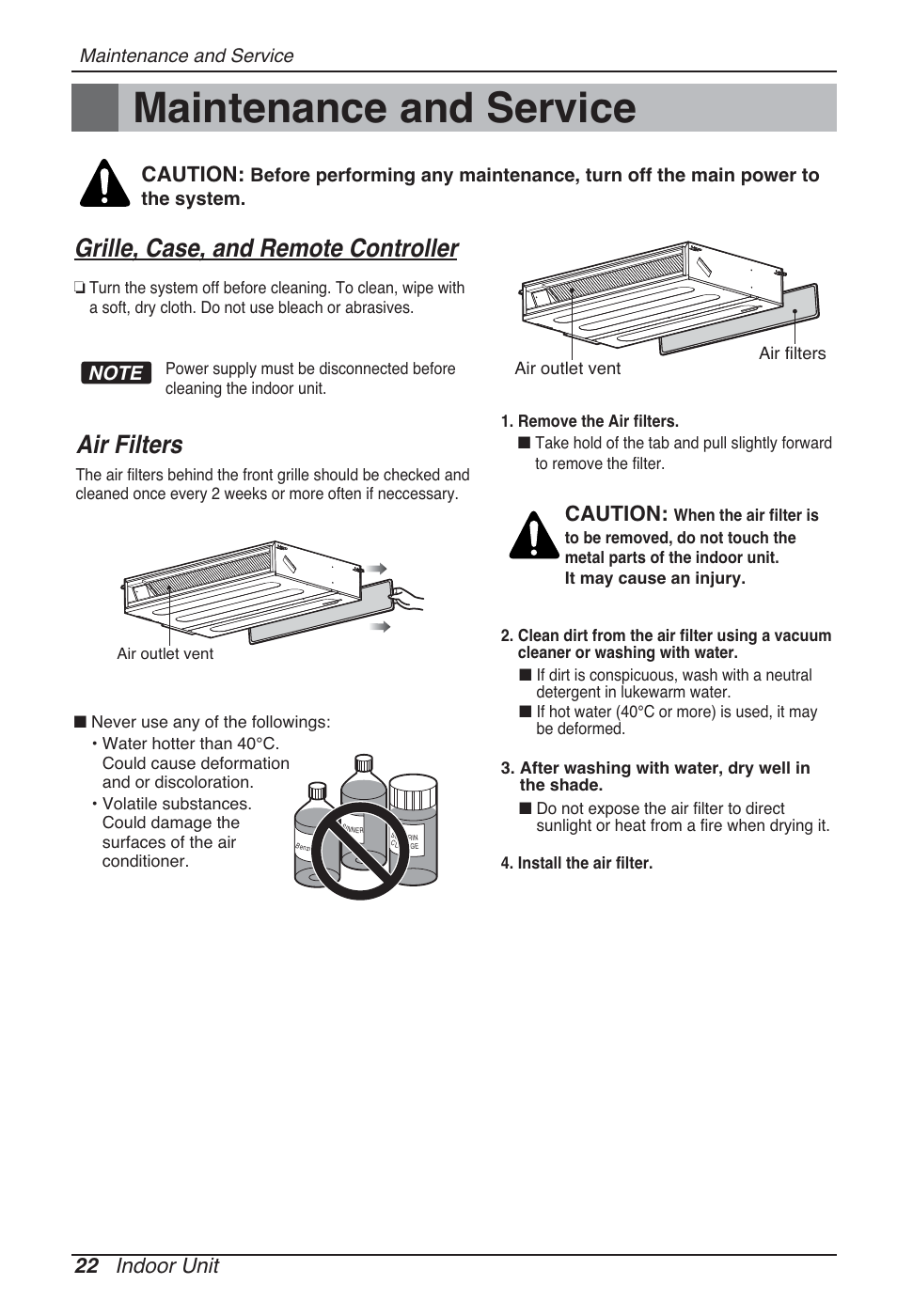 Maintenance and service, Grille, case, and remote controller, Air filters | 22 indoor unit, Caution | LG CB09L User Manual | Page 22 / 193