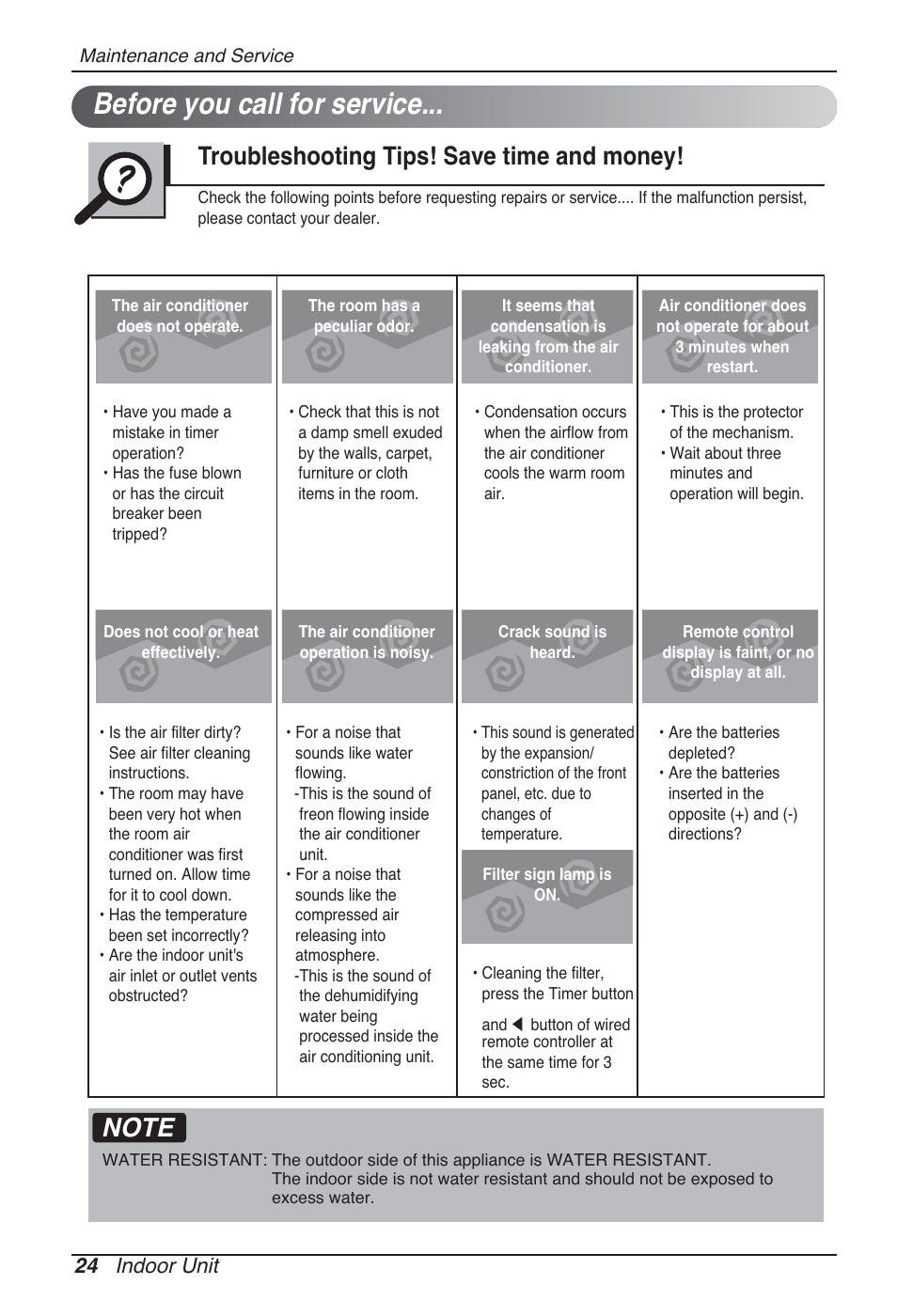 Before you call for service, Troubleshooting tips! save time and money, 24 indoor unit | LG CB09L User Manual | Page 24 / 193