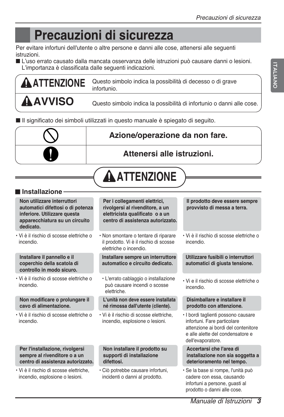 Precauzioni di sicurezza, Attenzione, Attenzione avviso | LG CB09L User Manual | Page 27 / 193