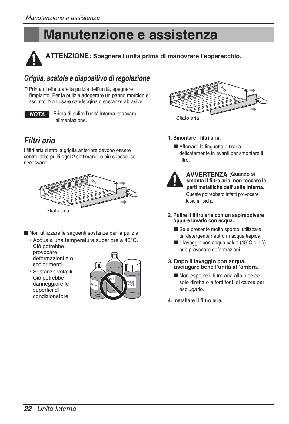 Manutenzione e assistenza, Filtri aria, Griglia, scatola e dispositivo di regolazione | 22 unità interna, Avvertenza, Attenzione | LG CB09L User Manual | Page 46 / 193