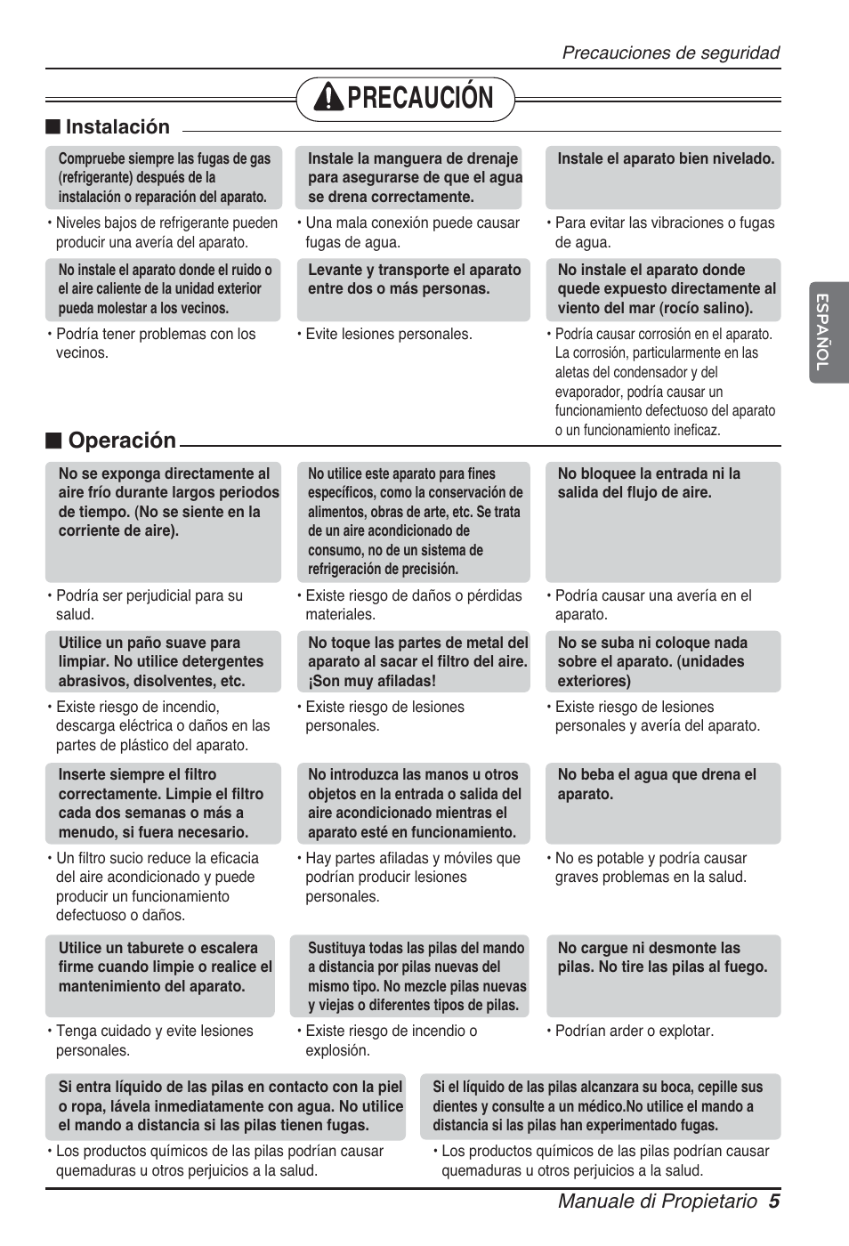 Precaución, N operación, Manuale di propietario 5 | N instalación | LG CB09L User Manual | Page 53 / 193