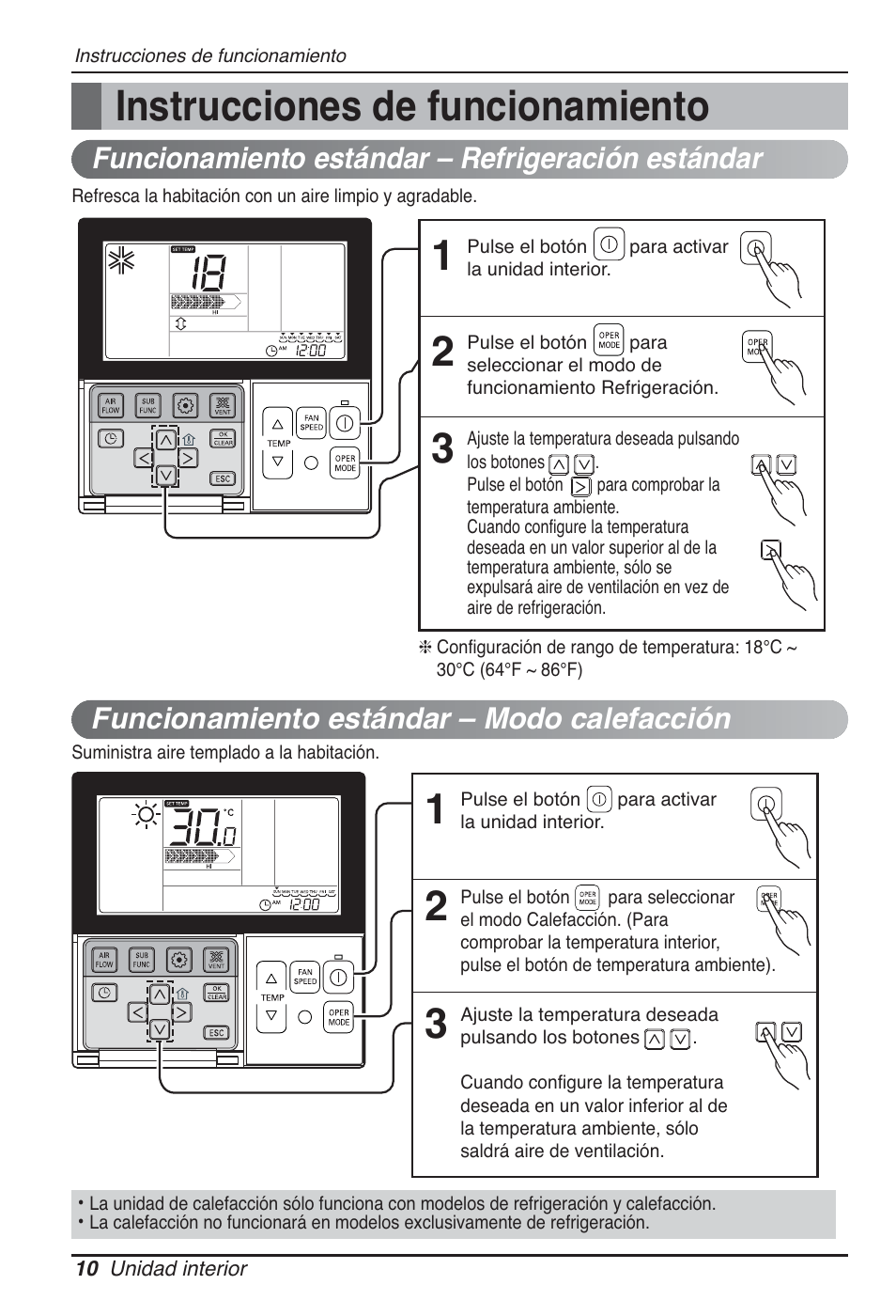 Instrucciones de funcionamiento, Funcionamiento estándar – modo calefacción, Funcionamiento estándar – refrigeración estándar | LG CB09L User Manual | Page 58 / 193