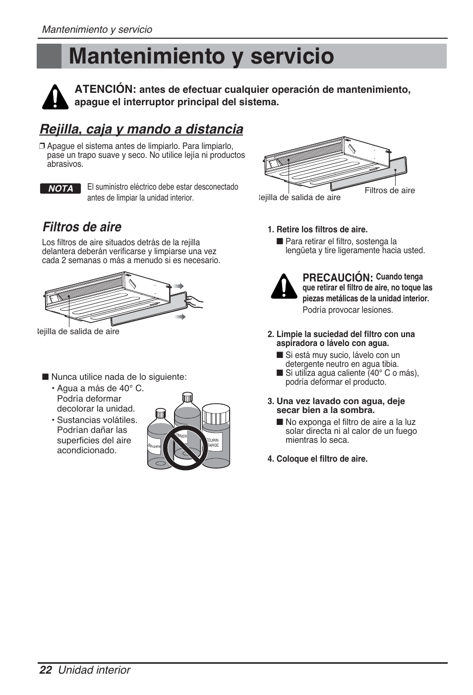 Mantenimiento y servicio, Filtros de aire, Rejilla, caja y mando a distancia | 22 unidad interior, Precaución, Atención | LG CB09L User Manual | Page 70 / 193