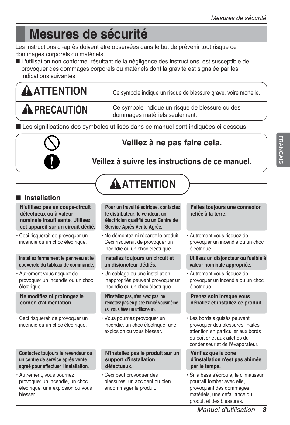 Mesures de sécurité, Attention precaution, Attention | LG CB09L User Manual | Page 75 / 193