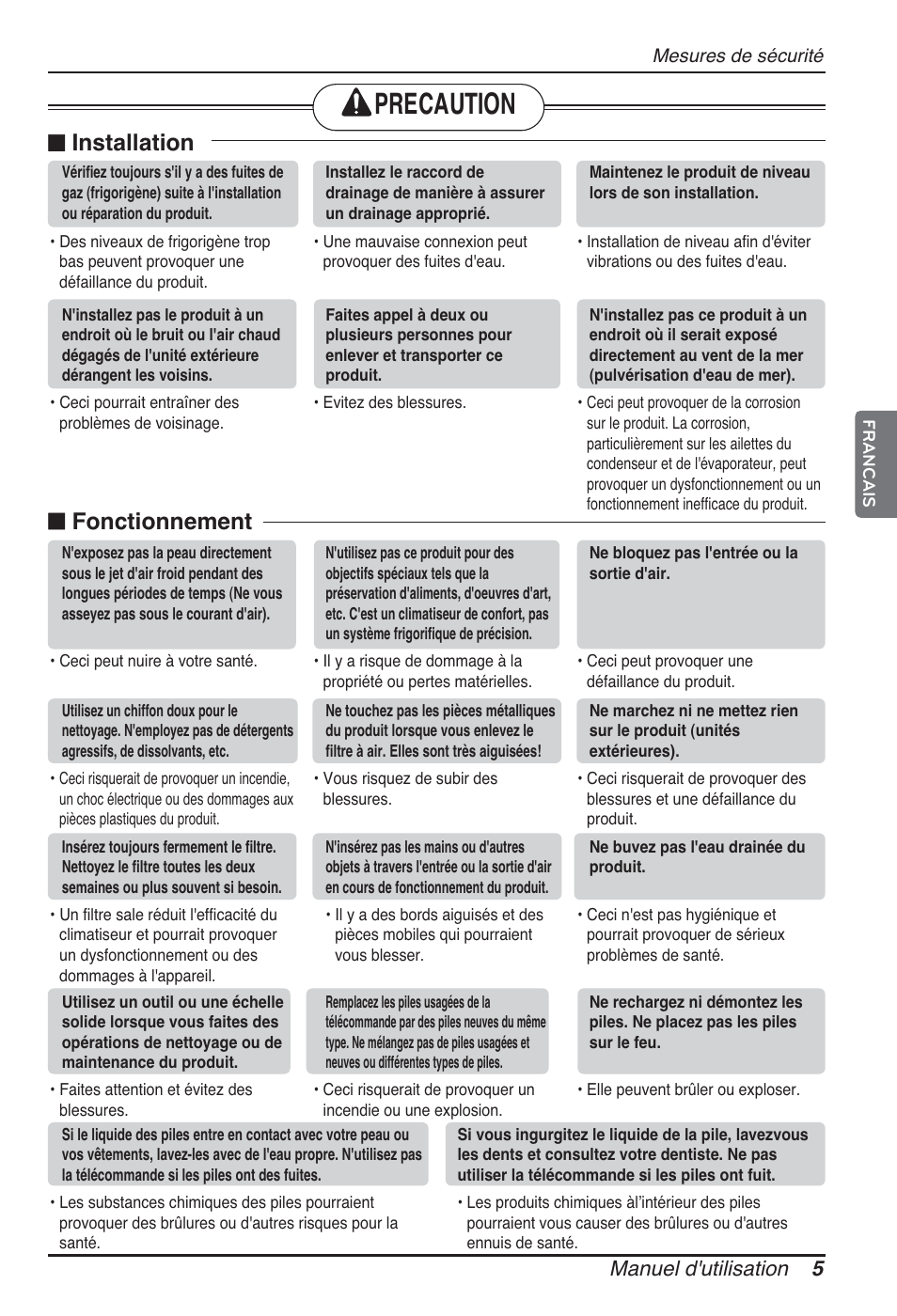 Precaution, N installation, N fonctionnement | Manuel d'utilisation 5 | LG CB09L User Manual | Page 77 / 193