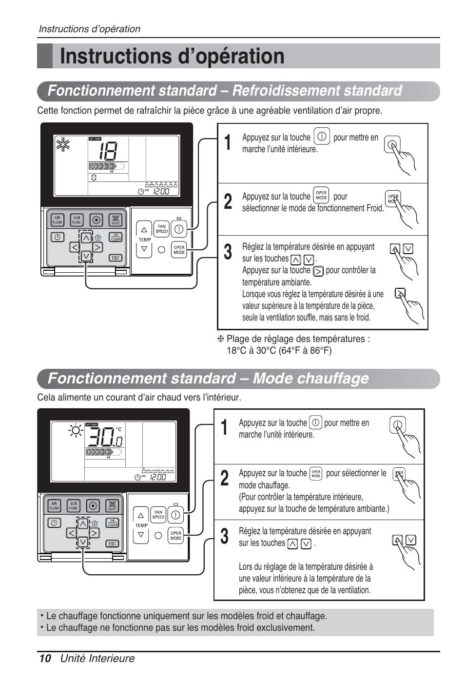 Instructions dʼopération, Fonctionnement standard – mode chauffage, Fonctionnement standard – refroidissement standard | LG CB09L User Manual | Page 82 / 193