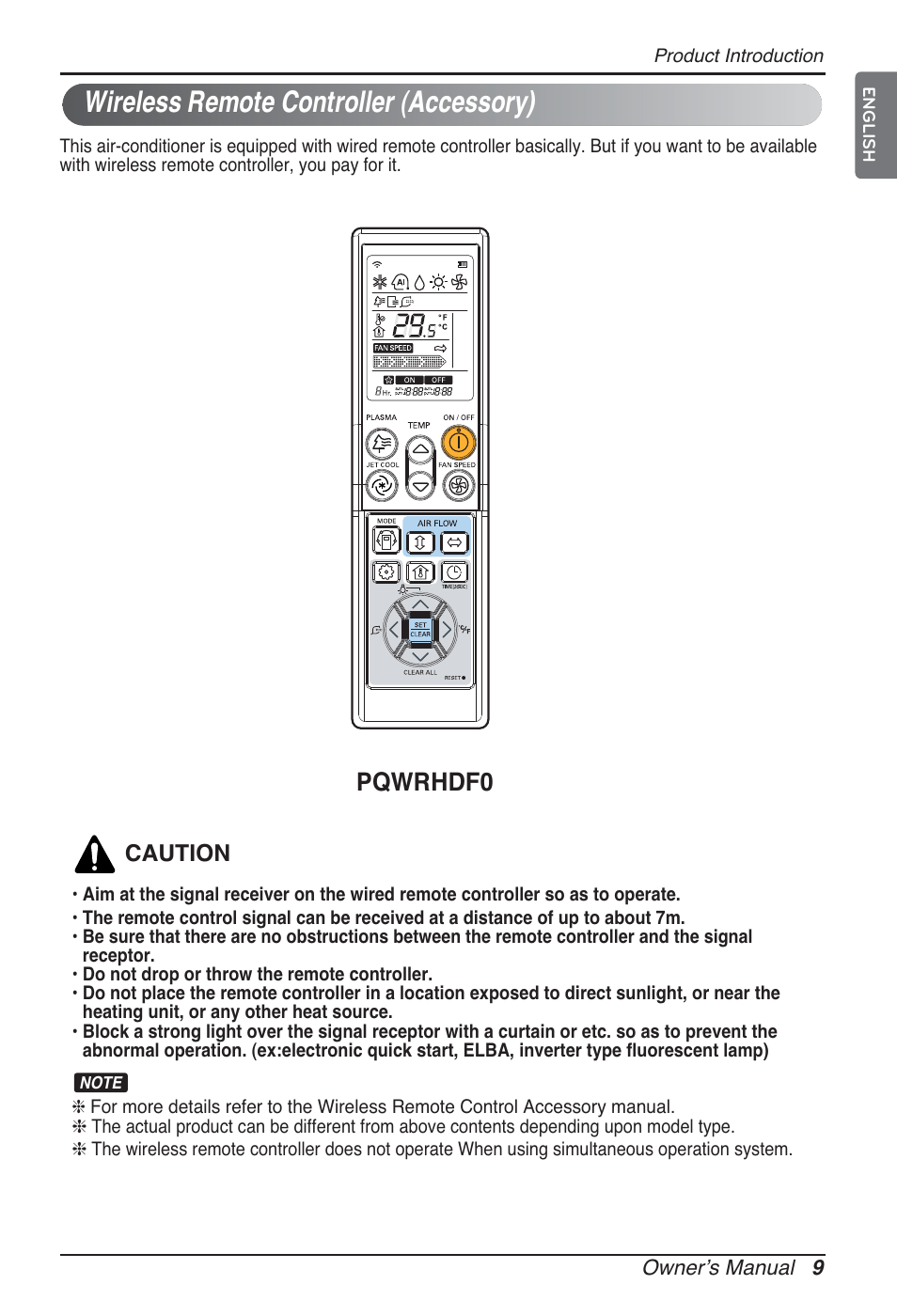 Wireless remote controller (accessory), Pqwrhdf0 | LG CB09L User Manual | Page 9 / 193