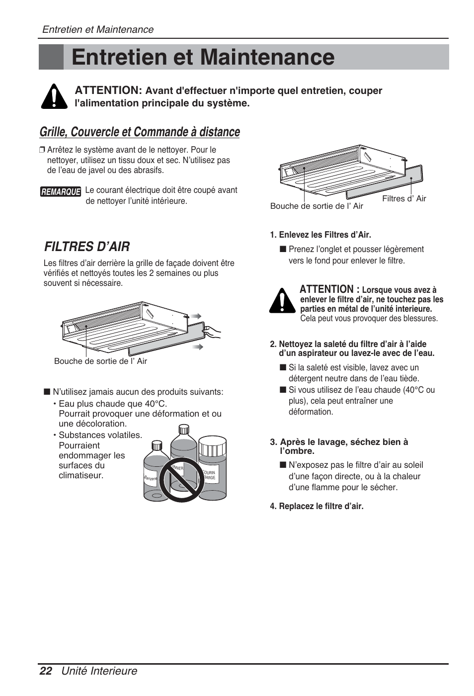 Entretien et maintenance, Filtres dʼair, Grille, couvercle et commande à distance | 22 unité interieure, Attention | LG CB09L User Manual | Page 94 / 193