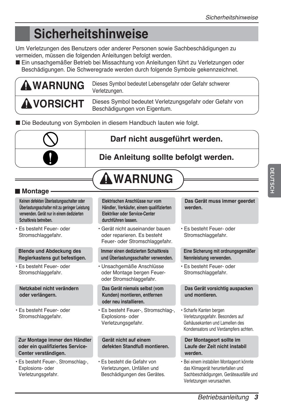 Sicherheitshinweise, Warnung, Warnung vorsicht | LG CB09L User Manual | Page 99 / 193