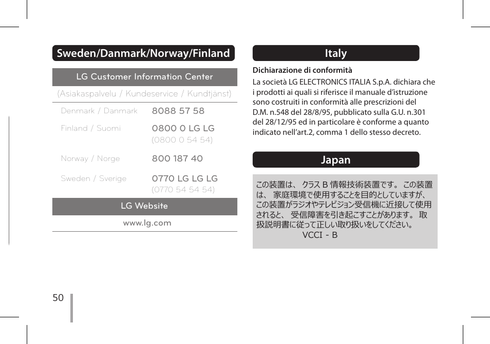 Sweden/danmark/norway/finland, Italy, Japan | India, Australia | LG PD239W User Manual | Page 50 / 56