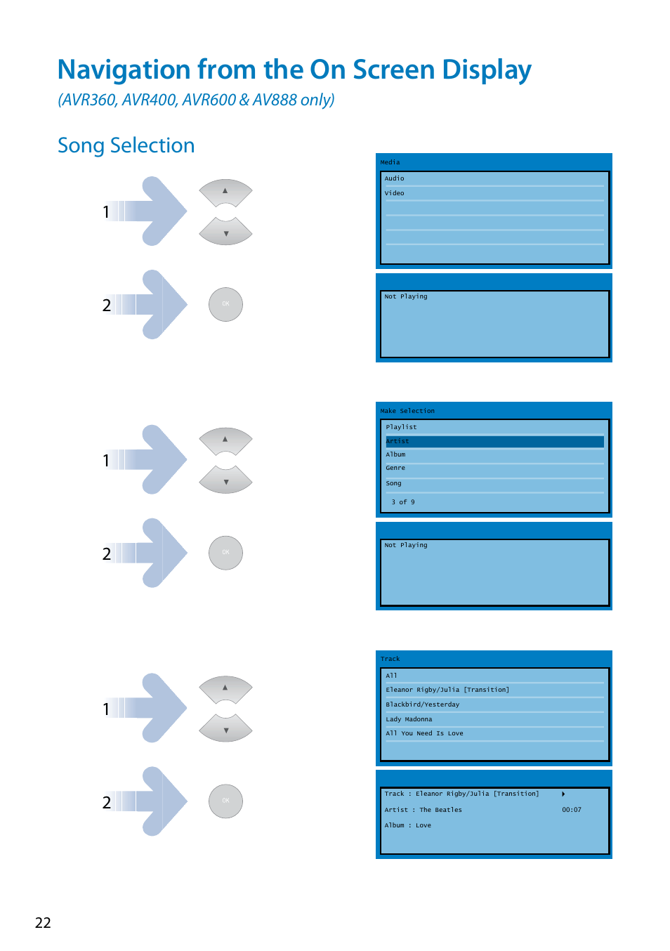 Navigation from the on screen display, Song selection | Arcam Doxx drDock User Manual | Page 22 / 26