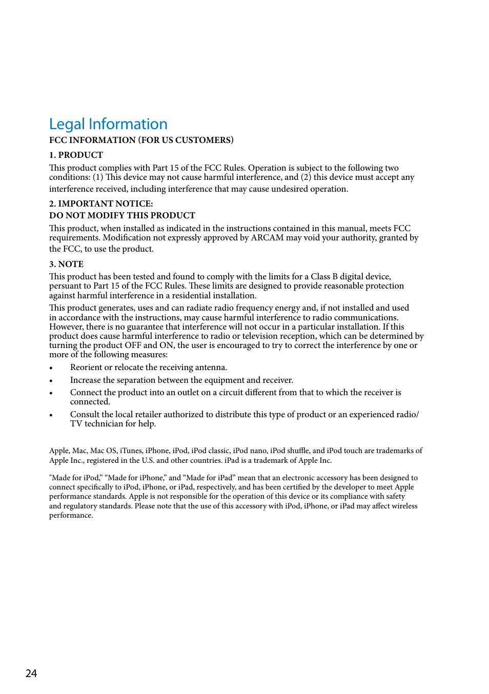 Legal information | Arcam Doxx drDock User Manual | Page 24 / 26