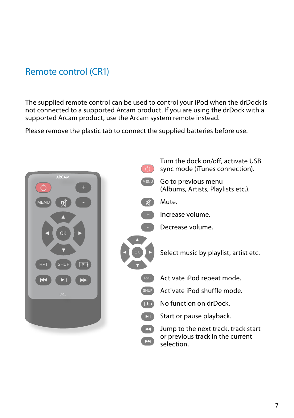 Remote control (cr1) | Arcam Doxx drDock User Manual | Page 7 / 26