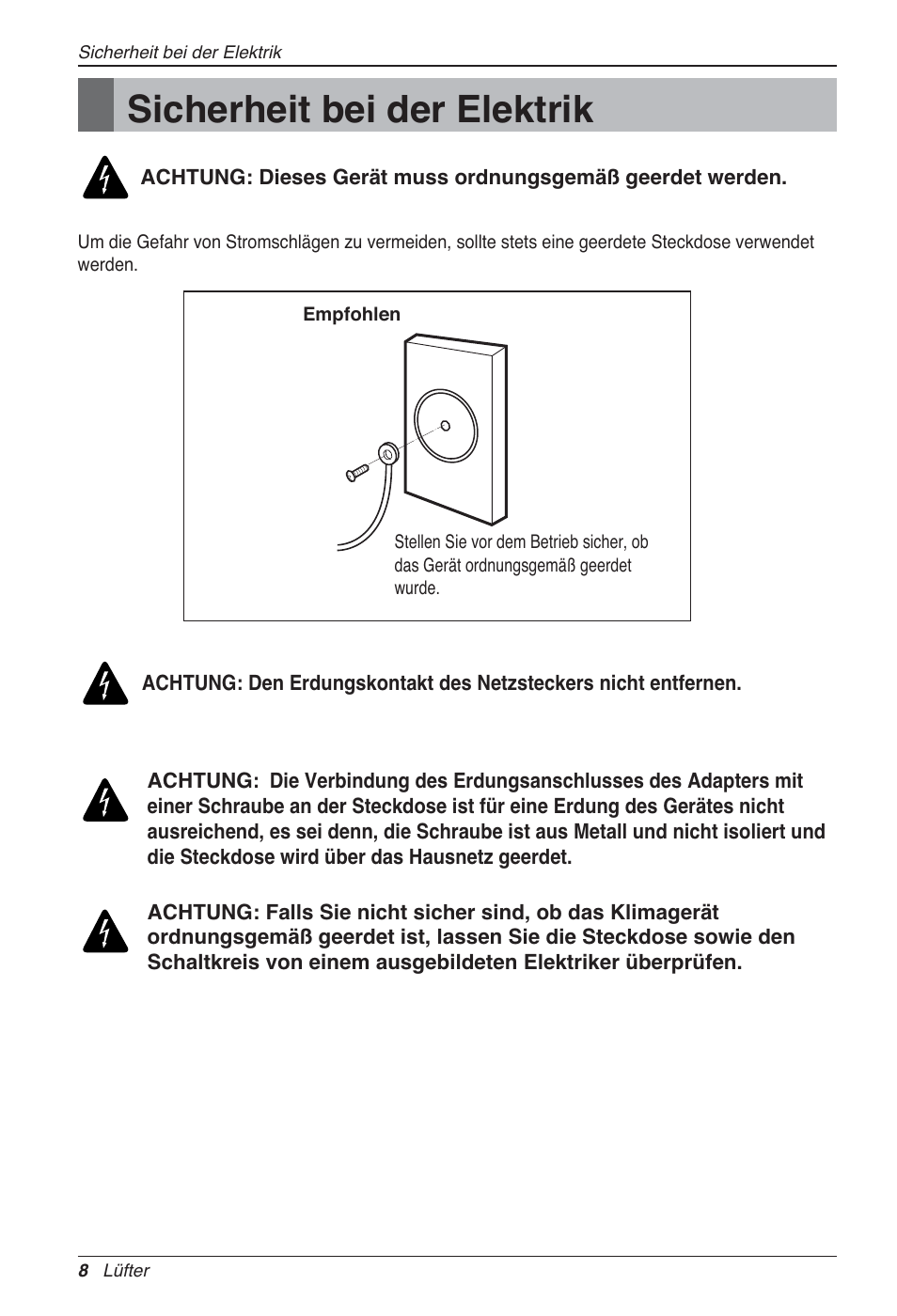 Sicherheit bei der elektrik | LG LZ-H100GXN0 User Manual | Page 104 / 456