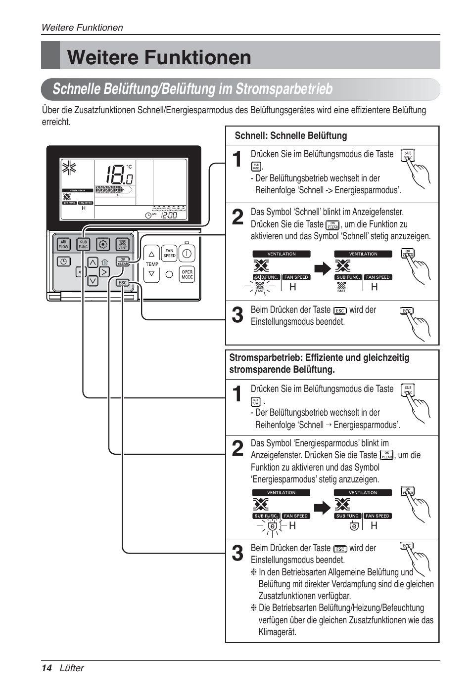 Weitere funktionen, Schnelle belüftung/belüftung im stromsparbetrieb | LG LZ-H100GXN0 User Manual | Page 110 / 456