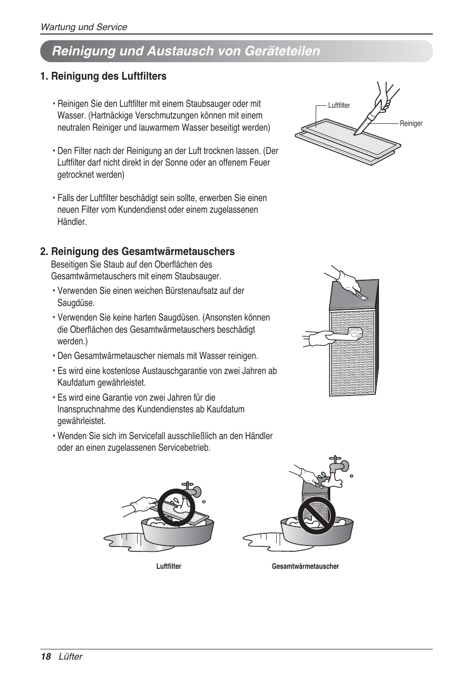 Reinigung und austausch von geräteteilen | LG LZ-H100GXN0 User Manual | Page 114 / 456