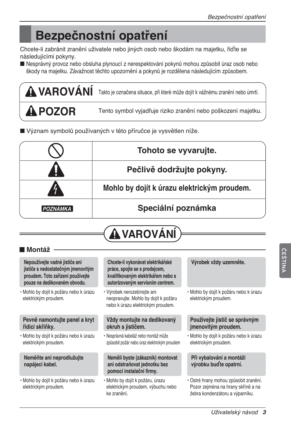 Bezpečnostní opatření, Varování pozor, Varování | LG LZ-H100GXN0 User Manual | Page 147 / 456