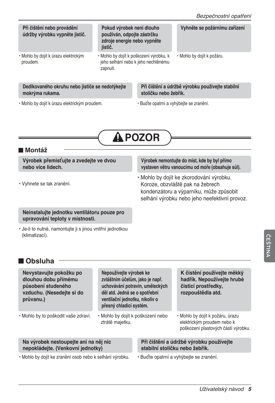 Pozor, N obsluha | LG LZ-H100GXN0 User Manual | Page 149 / 456