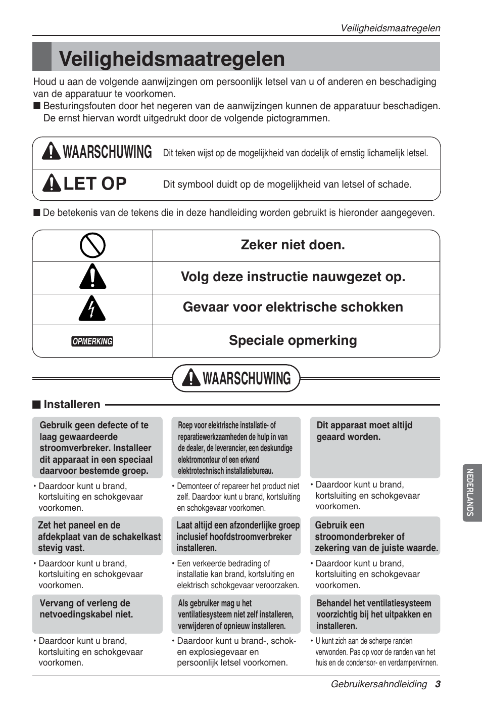 Veiligheidsmaatregelen, Waarschuwing let op, Waarschuwing | LG LZ-H100GXN0 User Manual | Page 171 / 456