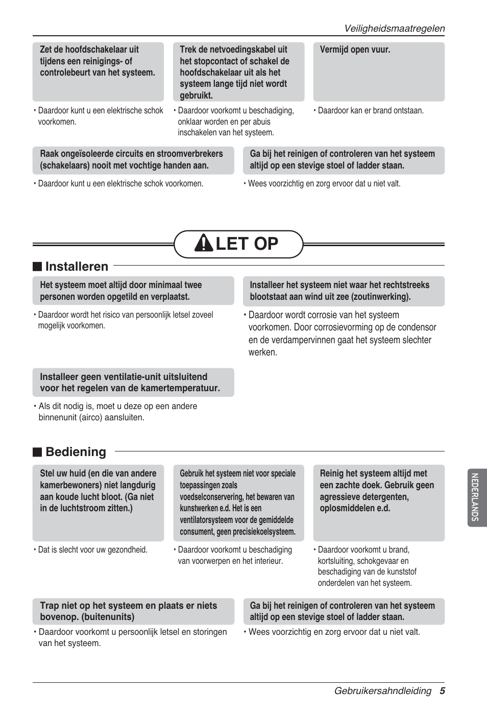 Let op, N installeren, N bediening | LG LZ-H100GXN0 User Manual | Page 173 / 456