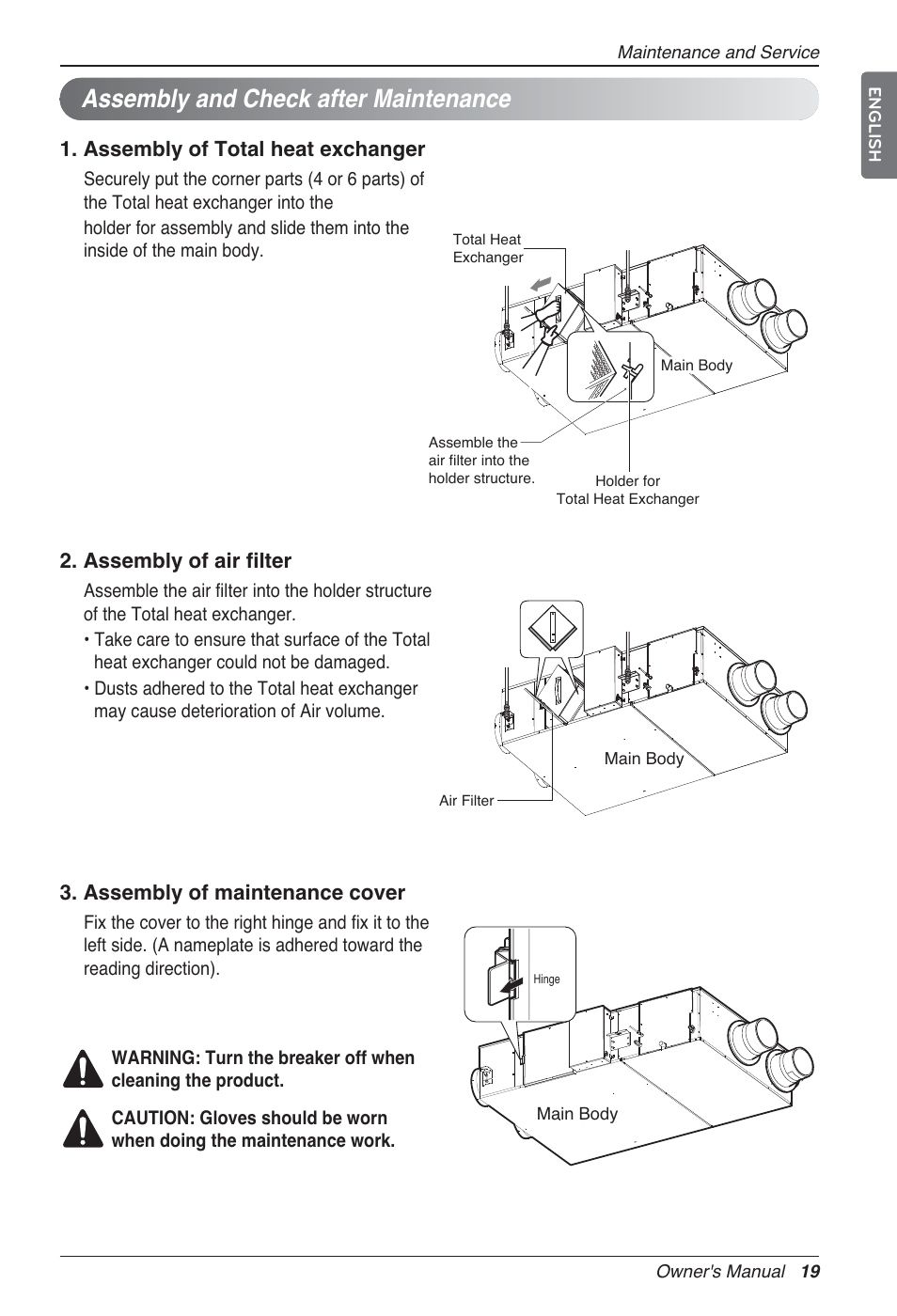 Assembly and check after maintenance, Assembly of total heat exchanger, Assembly of air filter | Assembly of maintenance cover | LG LZ-H100GXN0 User Manual | Page 19 / 456