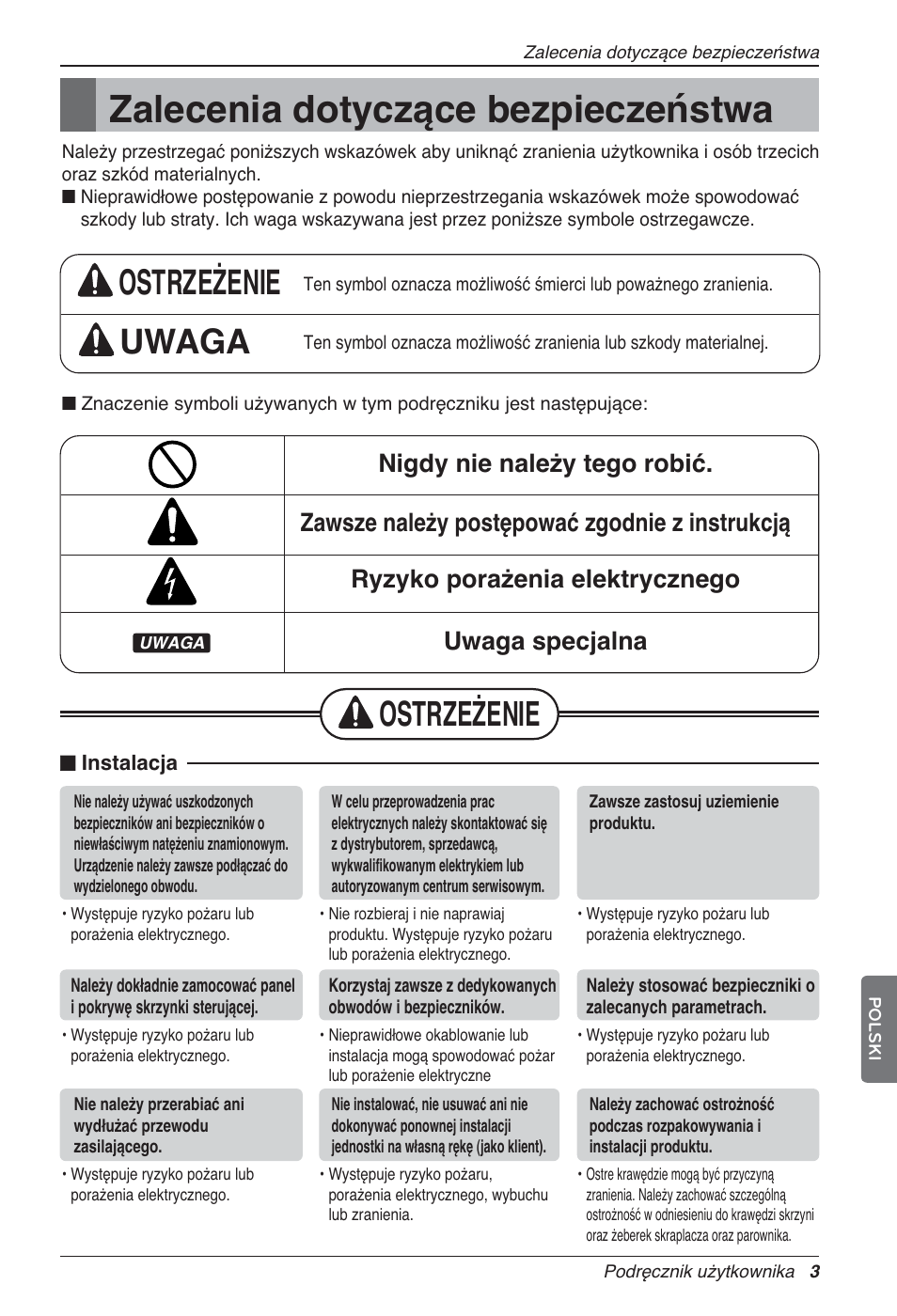 Zalecenia dotyczące bezpieczeństwa, Ostrzeżenie uwaga, Ostrzeżenie | LG LZ-H100GXN0 User Manual | Page 195 / 456