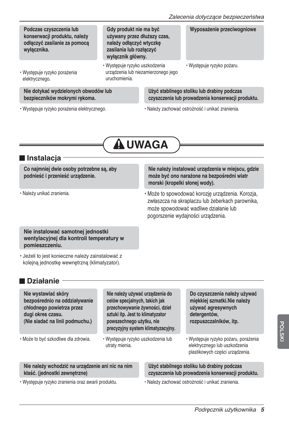 Uwaga, N instalacja, N działanie | LG LZ-H100GXN0 User Manual | Page 197 / 456