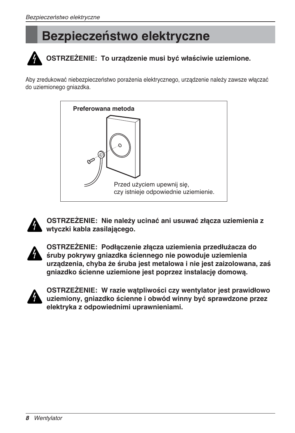 Bezpieczeństwo elektryczne | LG LZ-H100GXN0 User Manual | Page 200 / 456