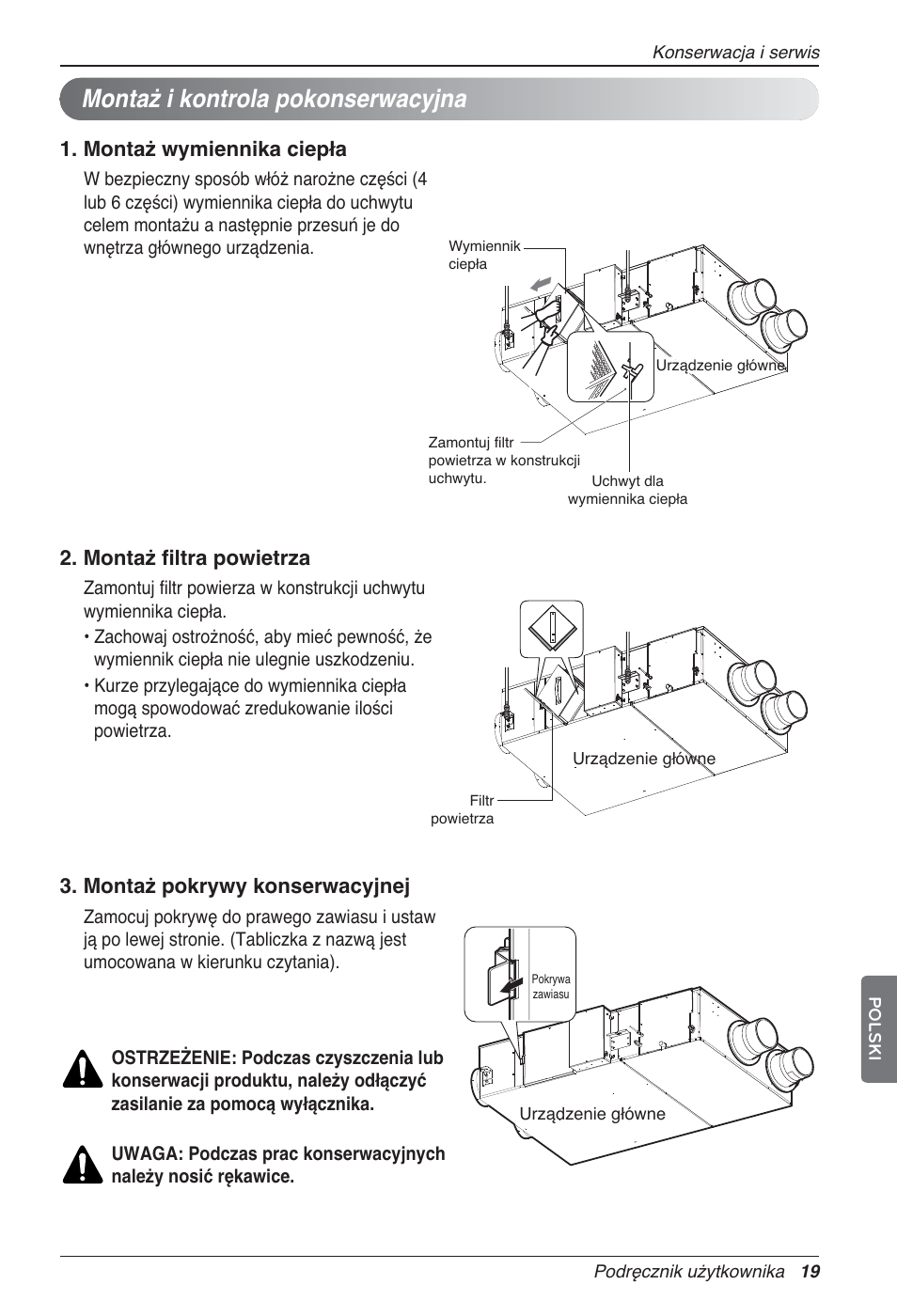 Montaż i kontrola pokonserwacyjna, Montaż wymiennika ciepła, Montaż filtra powietrza | Montaż pokrywy konserwacyjnej | LG LZ-H100GXN0 User Manual | Page 211 / 456