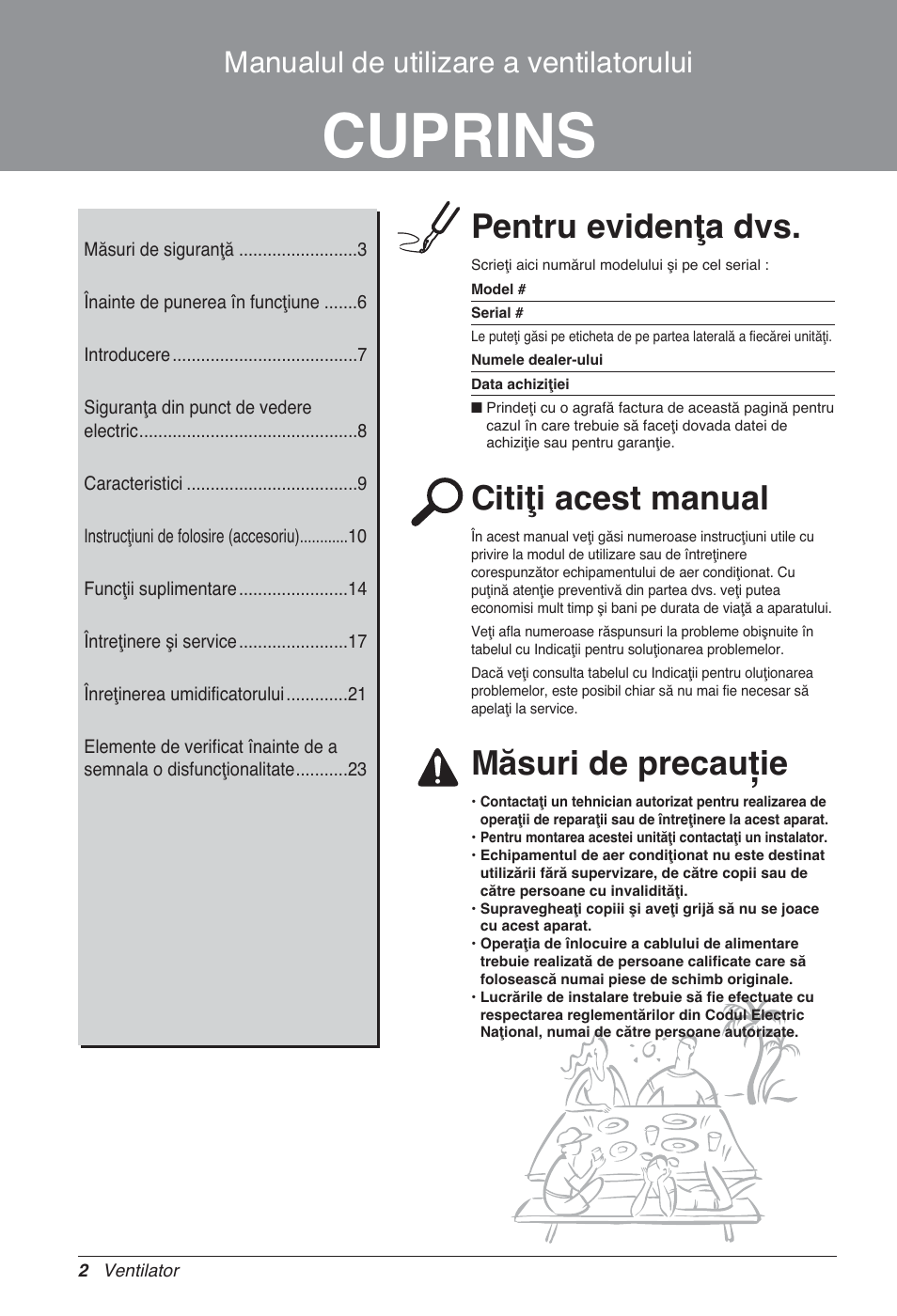 Cuprins, Pentru evidenţa dvs, Citiţi acest manual | Măsuri de precauţie, Manualul de utilizare a ventilatorului | LG LZ-H100GXN0 User Manual | Page 218 / 456
