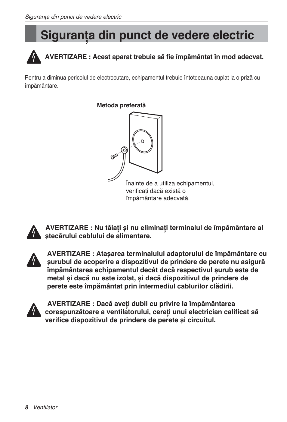 Siguranţa din punct de vedere electric | LG LZ-H100GXN0 User Manual | Page 224 / 456