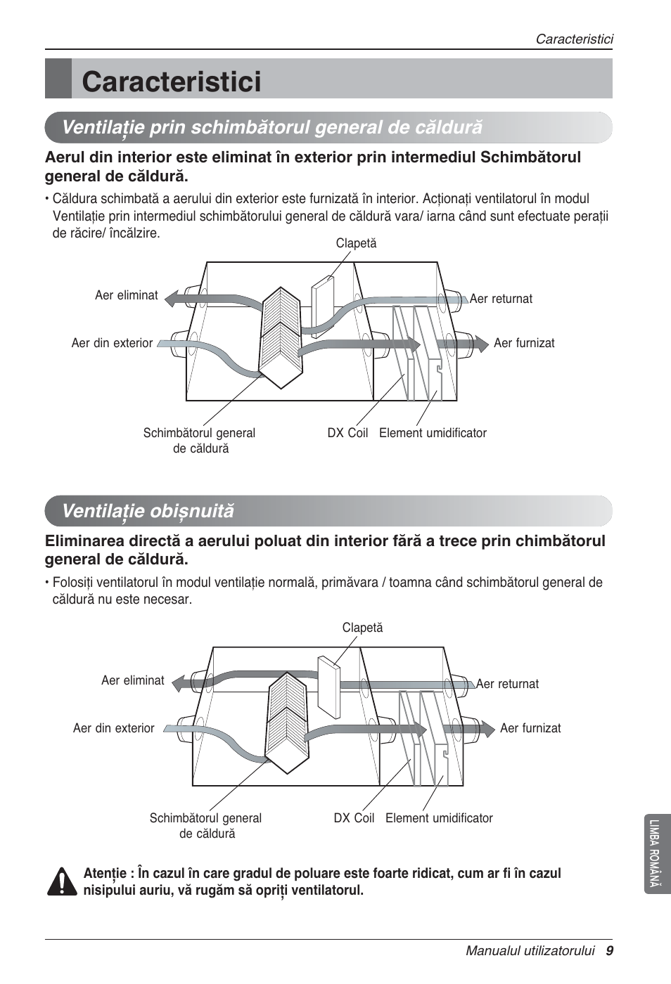 Caracteristici, Ventilaţie prin schimbătorul general de căldură, Ventilaţie obișnuită | LG LZ-H100GXN0 User Manual | Page 225 / 456