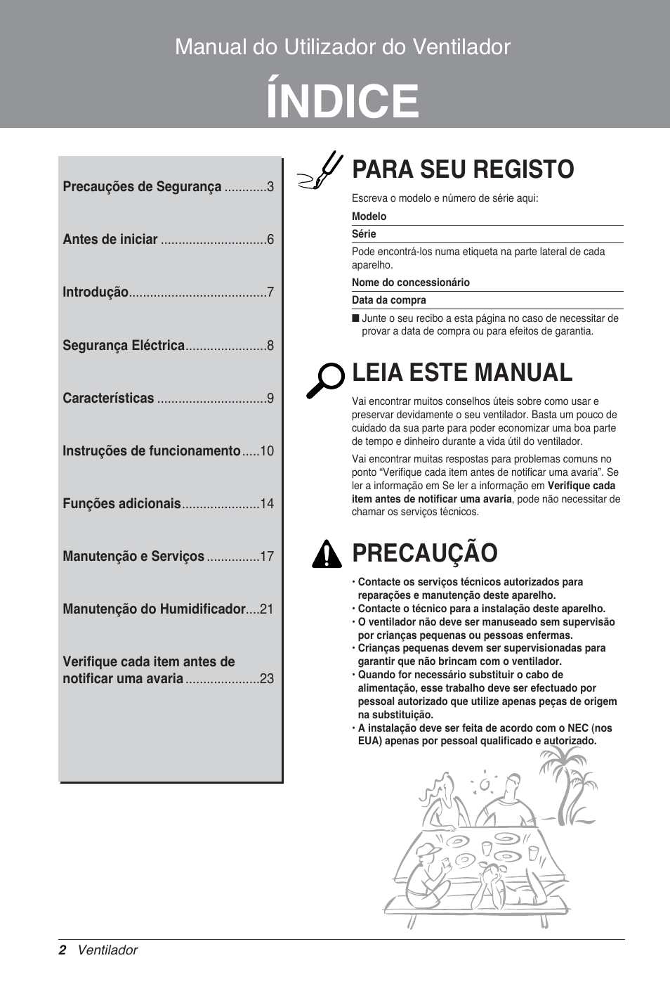 Índice, Para seu registo, Leia este manual | Precaução, Manual do utilizador do ventilador | LG LZ-H100GXN0 User Manual | Page 241 / 456