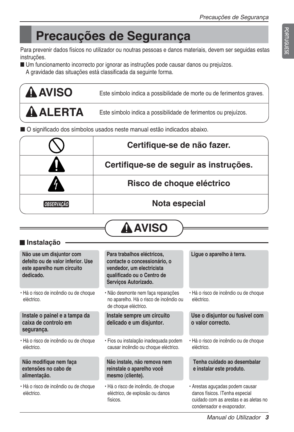 Precauções de segurança, Aviso alerta, Aviso | LG LZ-H100GXN0 User Manual | Page 242 / 456