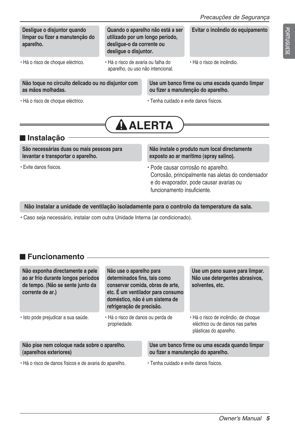 Alerta, N instalação, N funcionamento | LG LZ-H100GXN0 User Manual | Page 244 / 456