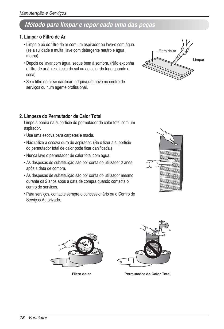 Método para limpar e repor cada uma das peças | LG LZ-H100GXN0 User Manual | Page 257 / 456