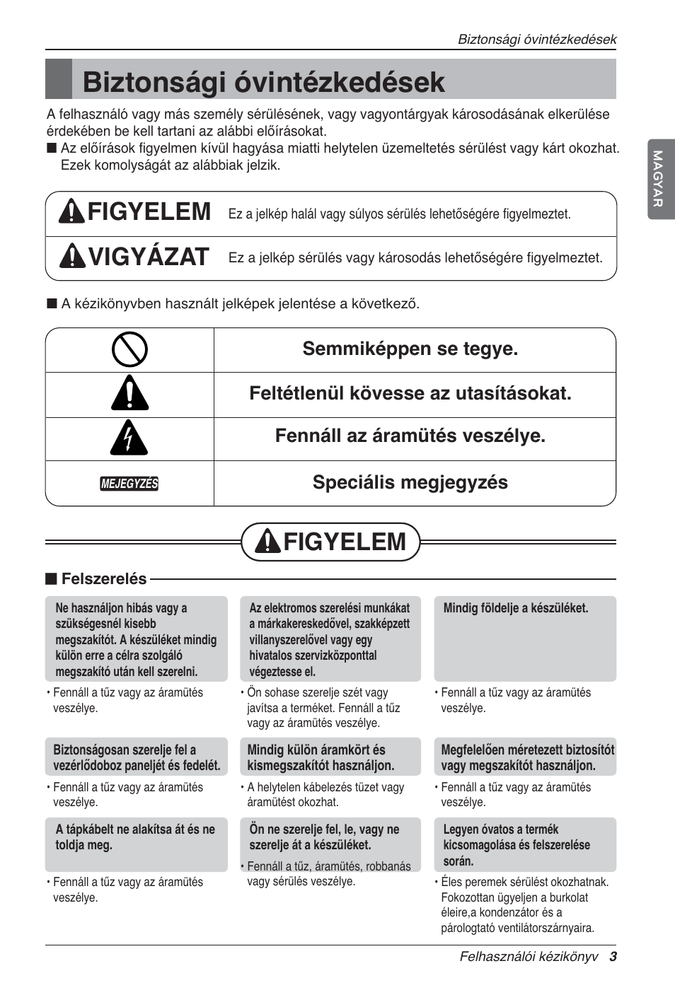 Biztonsági óvintézkedések, Figyelem vigyázat, Figyelem | LG LZ-H100GXN0 User Manual | Page 266 / 456