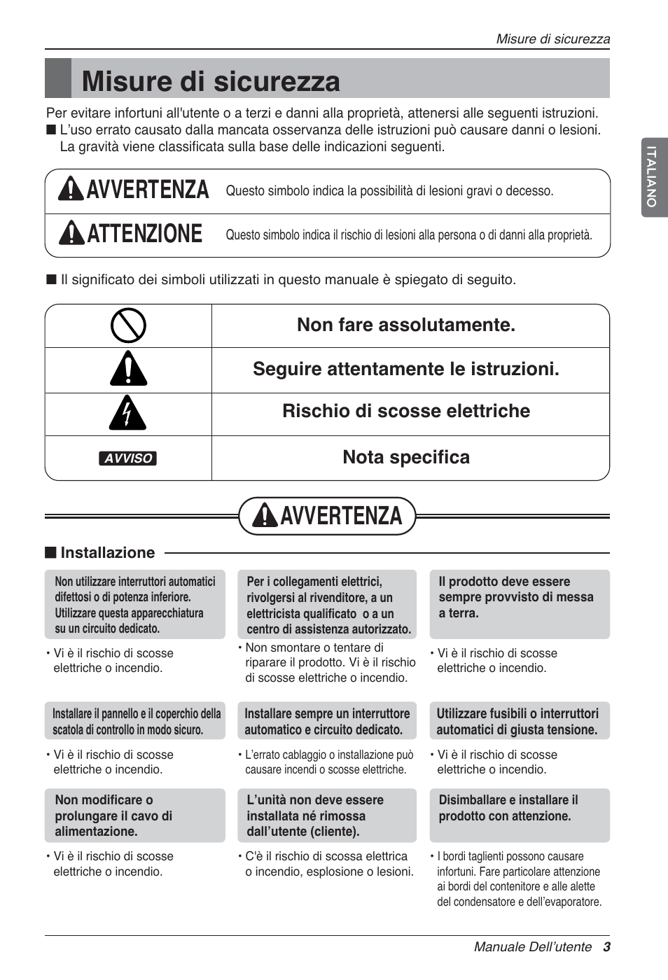 Misure di sicurezza, Avvertenza attenzione, Avvertenza | LG LZ-H100GXN0 User Manual | Page 27 / 456