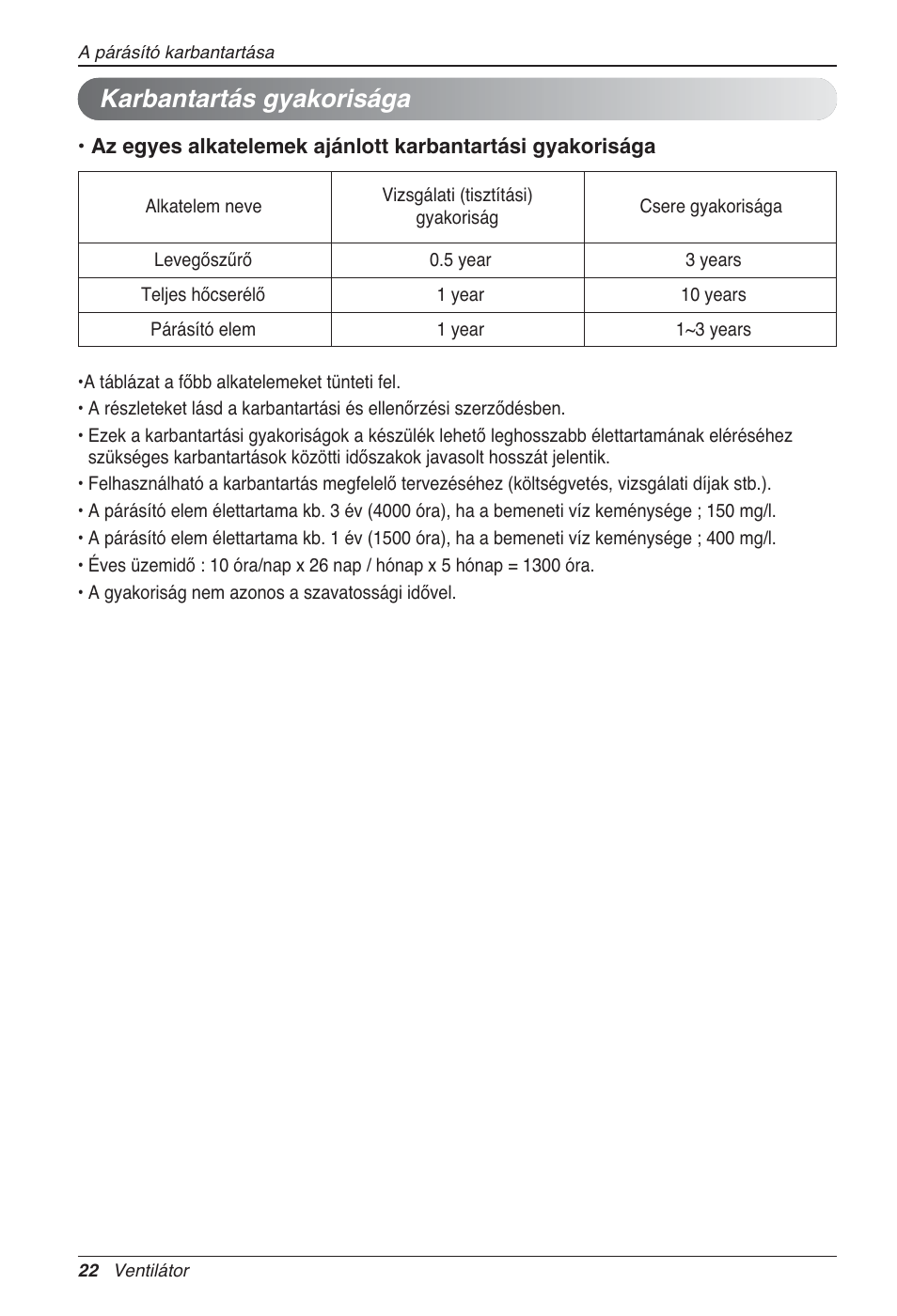 Karbantartás gyakorisága | LG LZ-H100GXN0 User Manual | Page 285 / 456