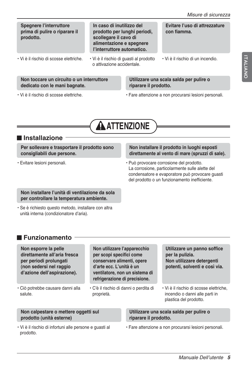 Attenzione, N installazione, N funzionamento | LG LZ-H100GXN0 User Manual | Page 29 / 456