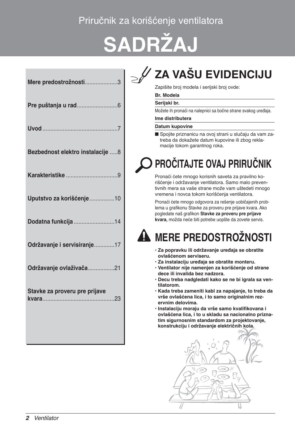 Sadržaj, Za vašu evidenciju, Pročitajte ovaj priručnik | Mere predostrožnosti, Priručnik za korišćenje ventilatora | LG LZ-H100GXN0 User Manual | Page 313 / 456