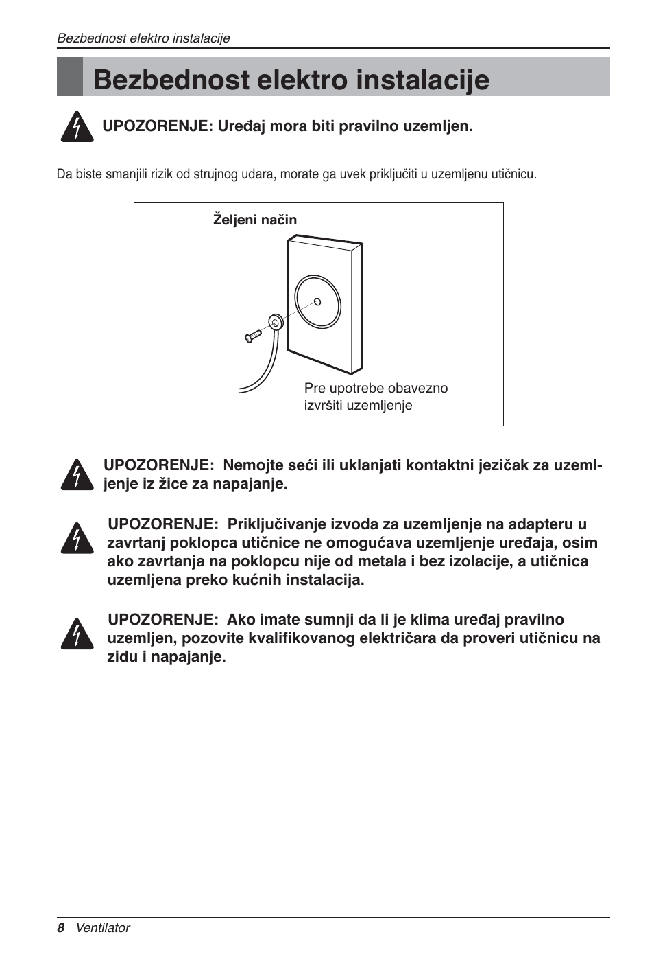 Bezbednost elektro instalacije | LG LZ-H100GXN0 User Manual | Page 319 / 456