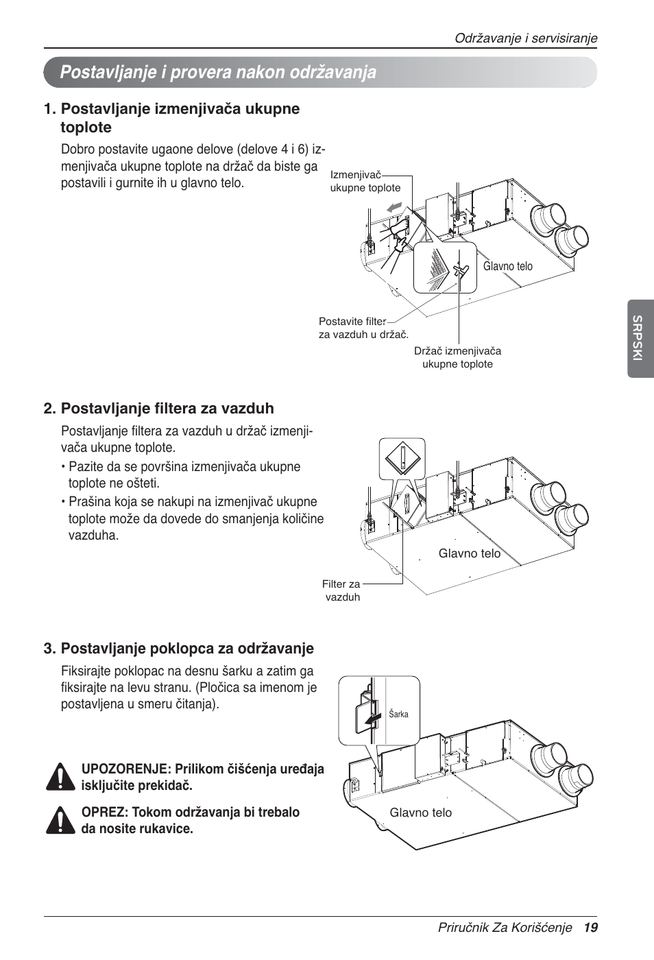 Postavljanje i provera nakon održavanja, Postavljanje izmenjivača ukupne toplote, Postavljanje filtera za vazduh | Postavljanje poklopca za održavanje | LG LZ-H100GXN0 User Manual | Page 330 / 456