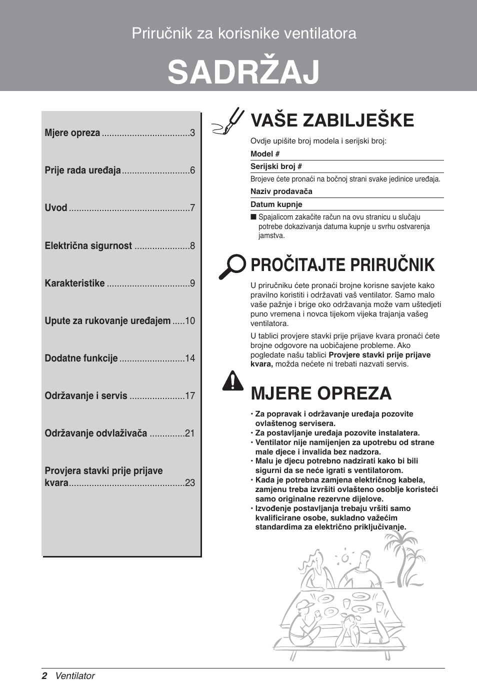 Sadržaj, Vaše zabilješke, Pročitajte priručnik | Mjere opreza, Priručnik za korisnike ventilatora | LG LZ-H100GXN0 User Manual | Page 337 / 456